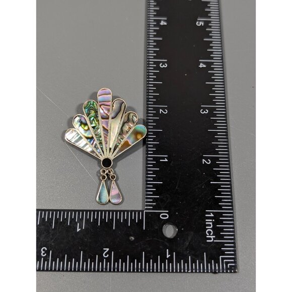 Vintage Alpaca Mexico Abalone Shell Onyx Inlay Fan Charm Brooch Pin Signed - Picture 9 of 9